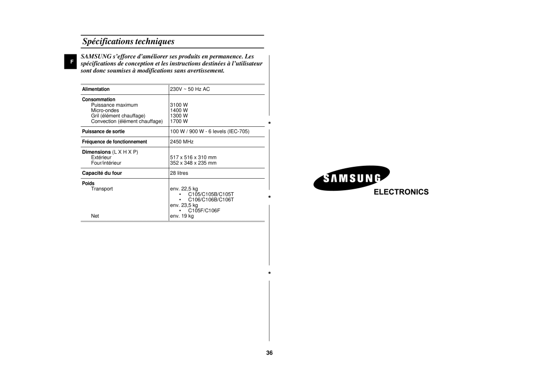 Samsung C105-5SL/XEN, C105-5/XEN manual Spécifications techniques, Dimensions L X H X P, Capacité du four 