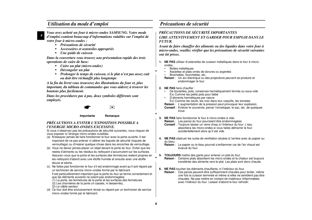 Samsung C105-5SL/XEN, C105-5/XEN manual Utilisation du mode d’emploi, Précautions de sécurité, Importante Remarque 