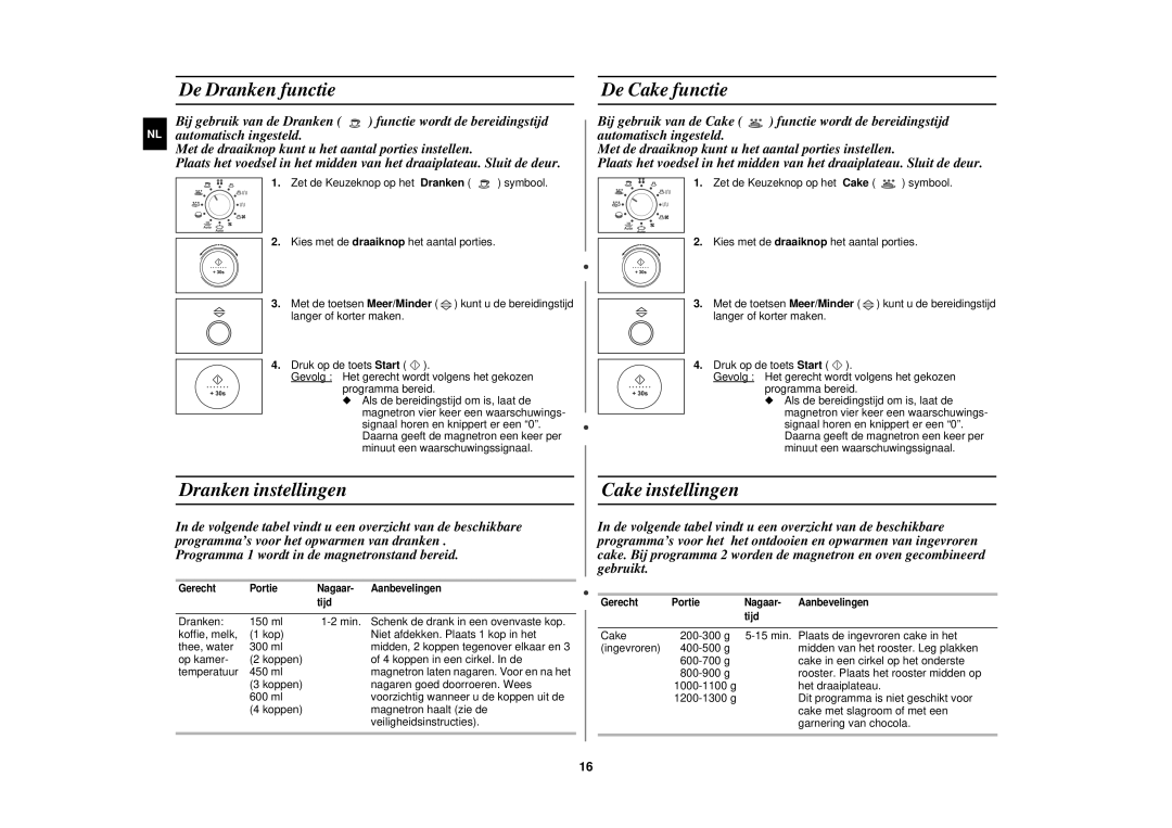 Samsung C105-5SL/XEN, C105-5/XEN manual De Dranken functie, Dranken instellingen, De Cake functie, Cake instellingen 