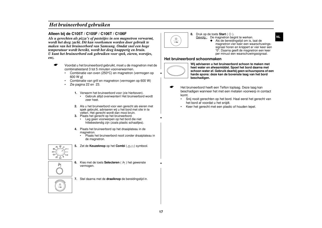 Samsung C105-5/XEN, C105-5SL/XEN manual Het bruineerbord gebruiken, Alleen bij de C105T / C105F / C106T / C106F 