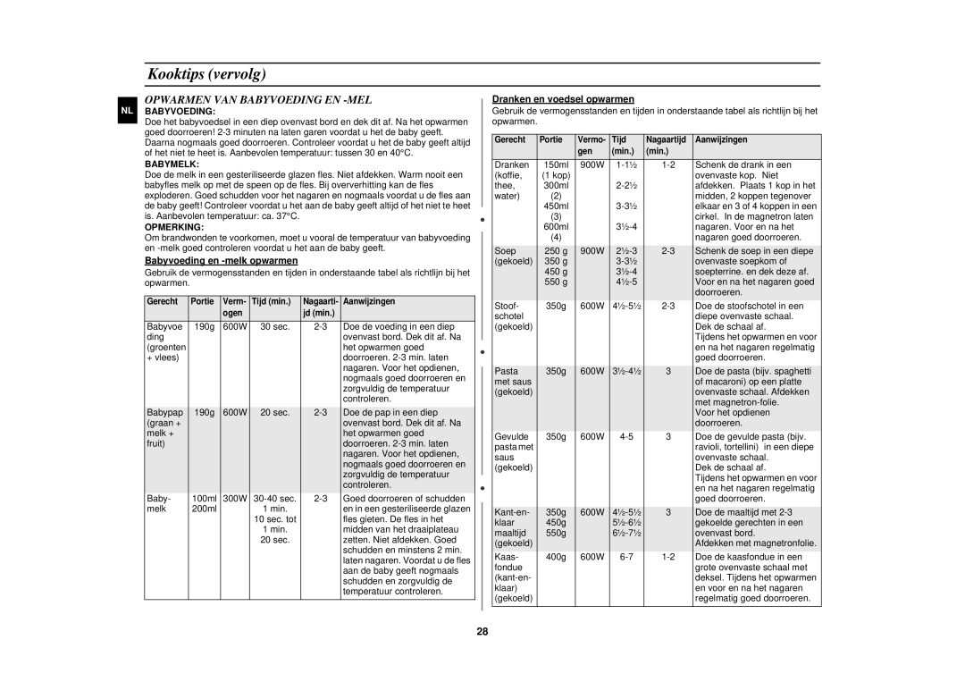 Samsung C105-5SL/XEN, C105-5/XEN manual Opwarmen VAN Babyvoeding EN -MEL, Babymelk, Opmerking 