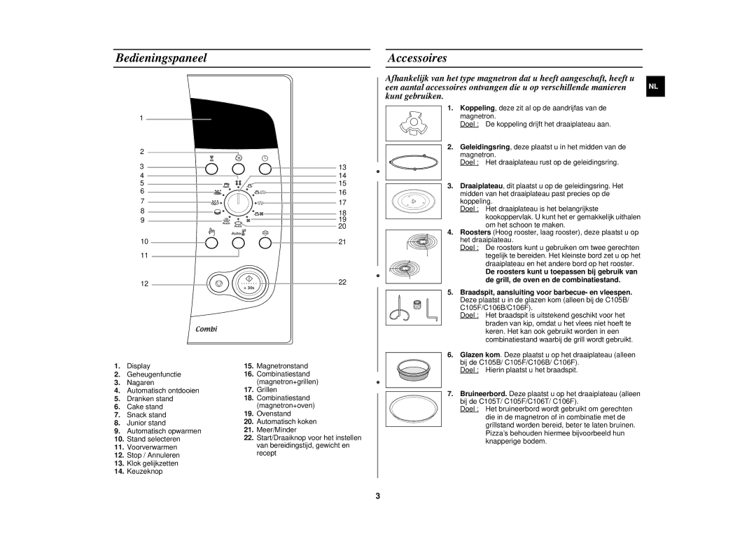 Samsung C105-5/XEN, C105-5SL/XEN manual Bedieningspaneel Accessoires 