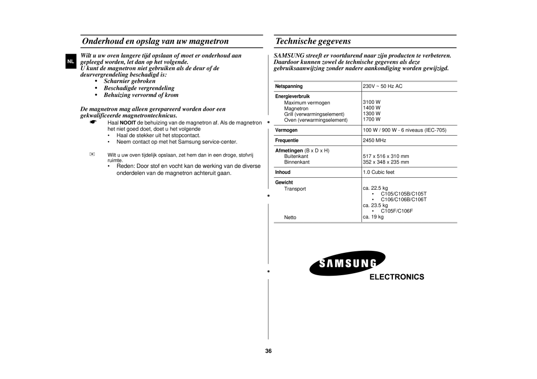 Samsung C105-5SL/XEN, C105-5/XEN manual Onderhoud en opslag van uw magnetron, Technische gegevens, Afmetingen B x D x H 