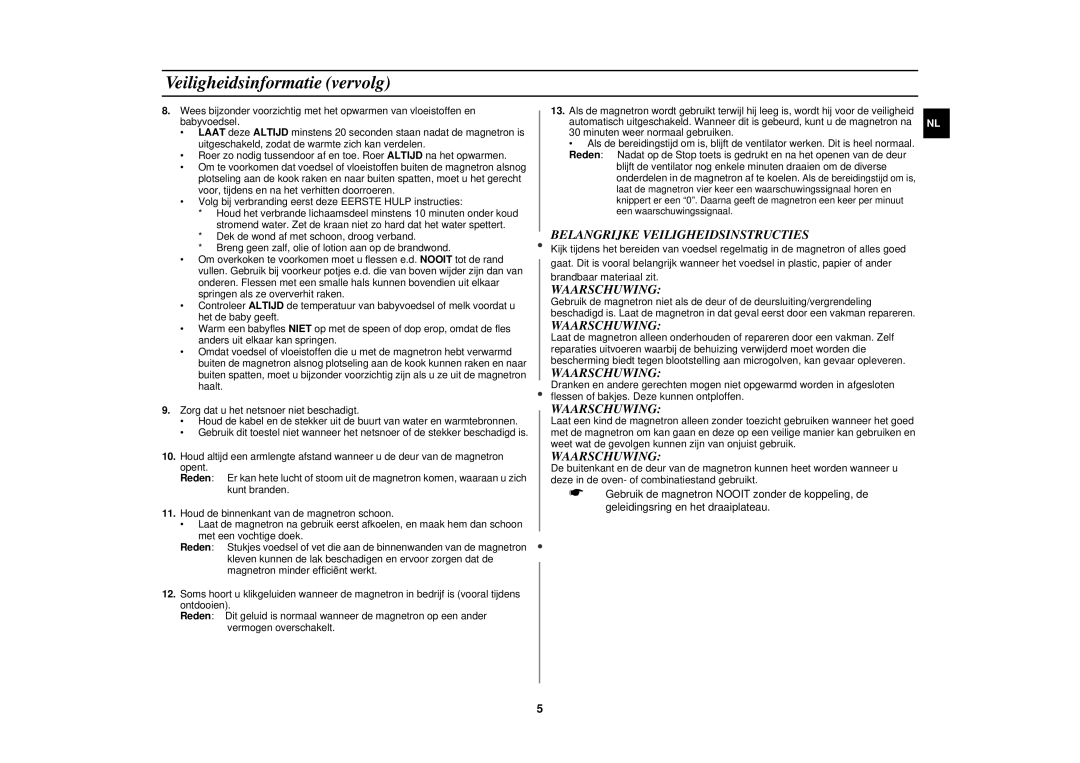 Samsung C105-5/XEN, C105-5SL/XEN manual Veiligheidsinformatie vervolg, Belangrijke Veiligheidsinstructies, Waarschuwing 