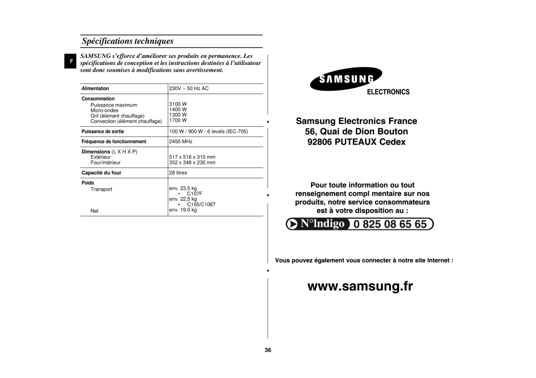 Samsung C105-5S/XEF manual Spécifications techniques, Dimensions L X H X P, Capacité du four 