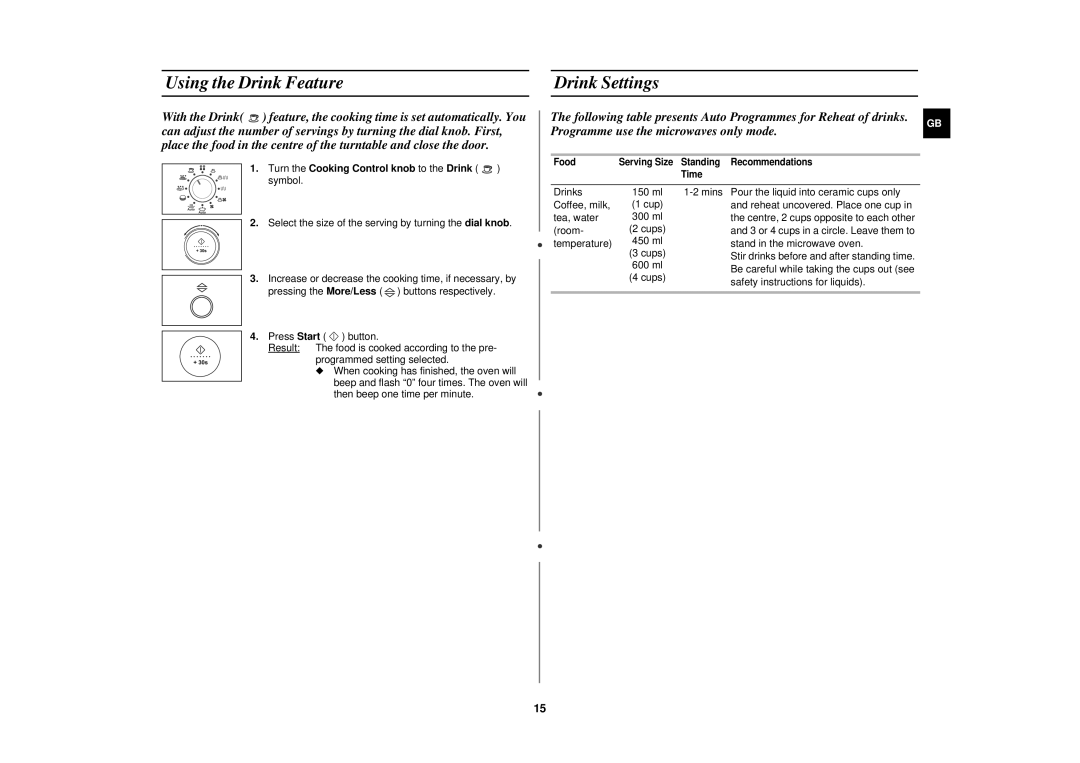 Samsung C105/ELE, C105-SL/ELE Using the Drink Feature Drink Settings, Turn the Cooking Control knob to the Drink symbol 