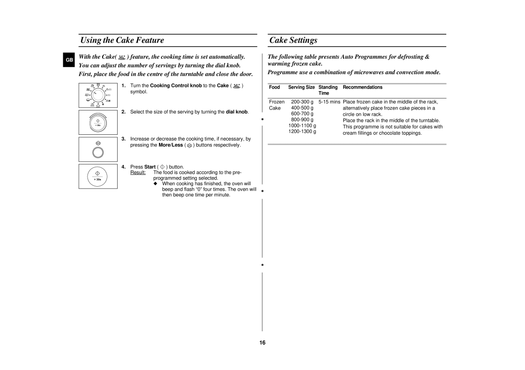 Samsung C105-SL/ELE, C105/ELE manual Using the Cake Feature Cake Settings, Turn the Cooking Control knob to the Cake symbol 