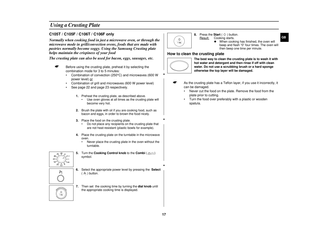 Samsung C105/ELE, C105-SL/ELE manual Using a Crusting Plate, Turn the Cooking Control knob to the Combi symbol 