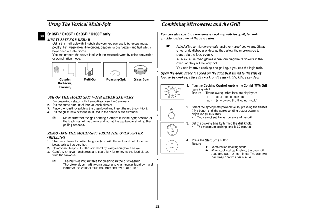 Samsung C105-SL/ELE, C105/ELE manual Using The Vertical Multi-Spit, Combining Microwaves and the Grill, MULTI-SPIT for Kebab 