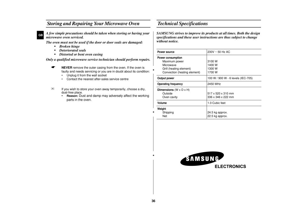 Samsung C105-SL/ELE, C105/ELE manual Microwave oven serviced, Dimensions W x D x H 