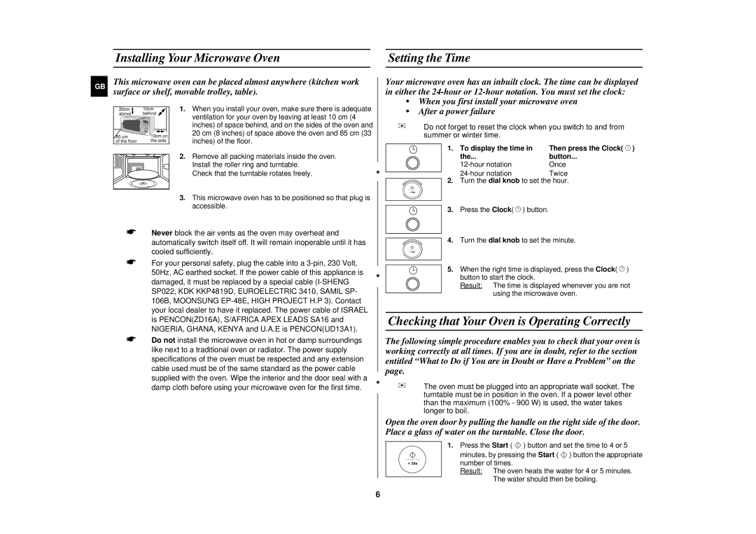 Samsung C105-SL/ELE manual Installing Your Microwave Oven Setting the Time, Checking that Your Oven is Operating Correctly 