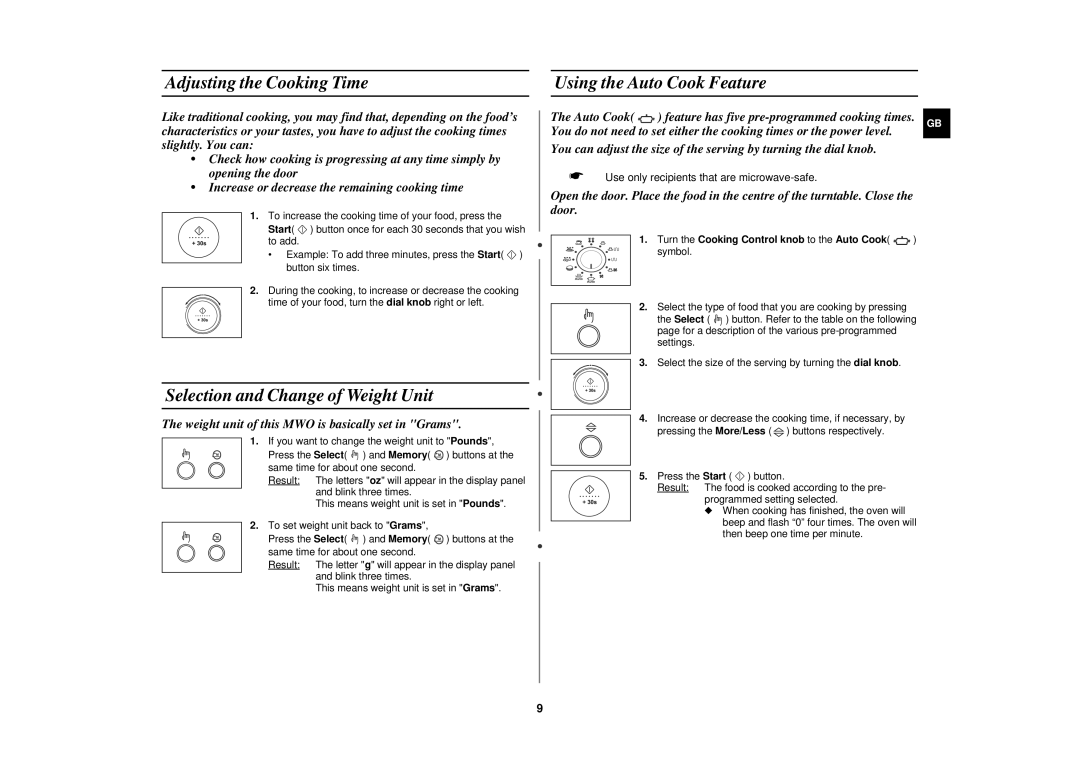 Samsung C105/ELE, C105-SL/ELE Adjusting the Cooking Time, Selection and Change of Weight Unit, Using the Auto Cook Feature 