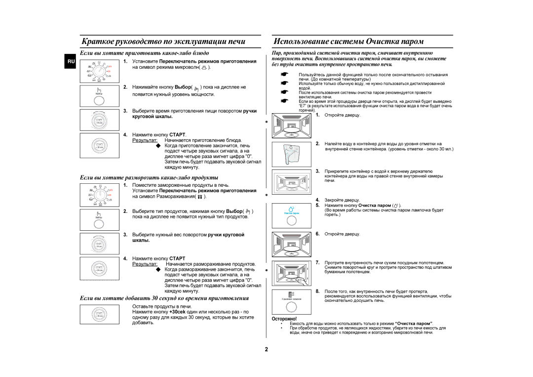 Samsung C105AFR-5D/BWT, C105AFR-5/BWT manual Краткое руководство по эксплуатации печи, Использование системы Очистка пapoм 