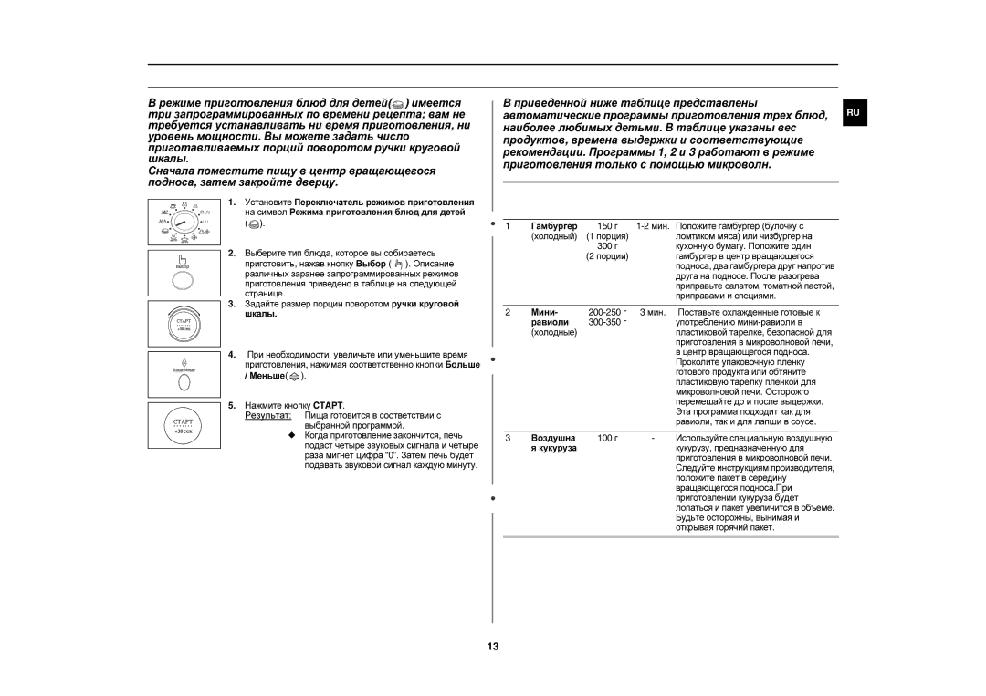 Samsung C105AFR-T/BWT, C105AFR-5/BWT, C105AFR-TS/BWT, C105AFR-5D/BWT manual Использование режима приготовления блюд для детей 