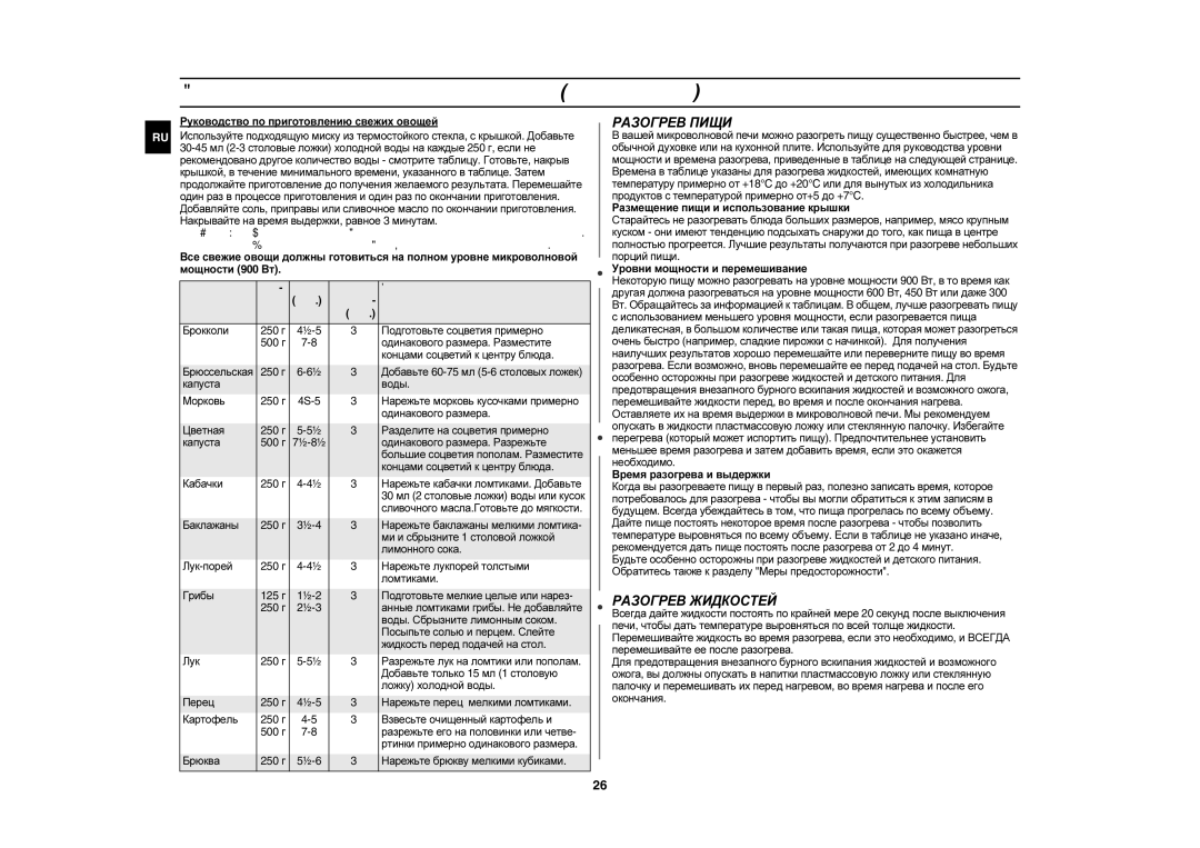 Samsung C105AFR-TS/BWT, C105AFR-5/BWT Руководство по приготовлению пищи продолжение, Разогрев Пищи, Разогрев Жидкостей 