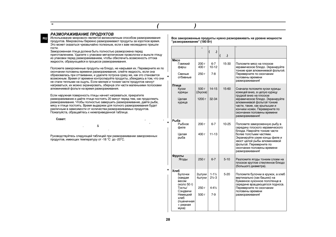 Samsung C105AFR-T/BWT, C105AFR-5/BWT, C105AFR-TS/BWT, C105AFR-5D/BWT, C105AFR-TD/BWT manual Размораживание Продуктов 