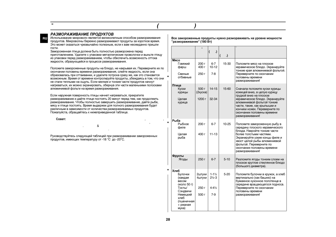 Samsung C105AFR5SD/BWT manual Размораживание Продуктов 