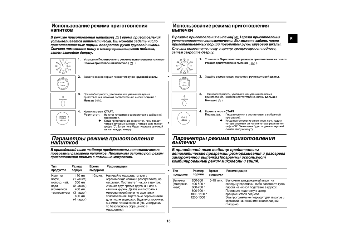 Samsung C105AFR-5S/BWT manual Использование режима приготовления напитков, Использование режима приготовления выпечки 