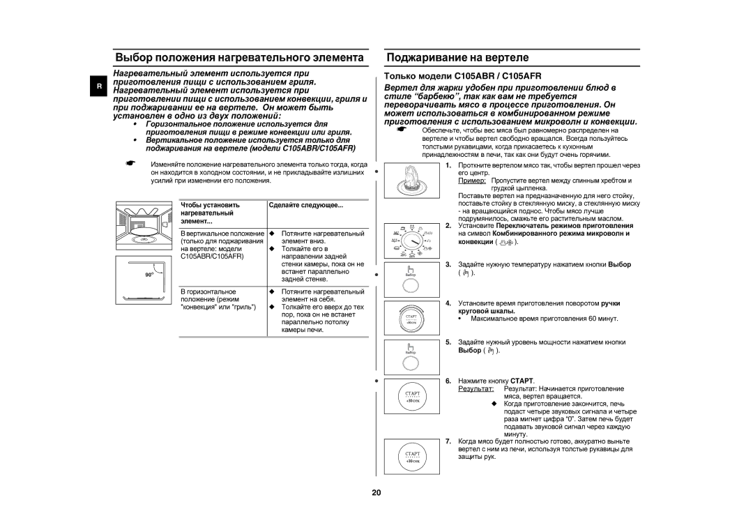 Samsung C105AFR-5D/BWT, C105AR-5/BWT, C105AR-T/BWT manual Выбор положения нагревательного элемента, Поджаривание на вертеле 