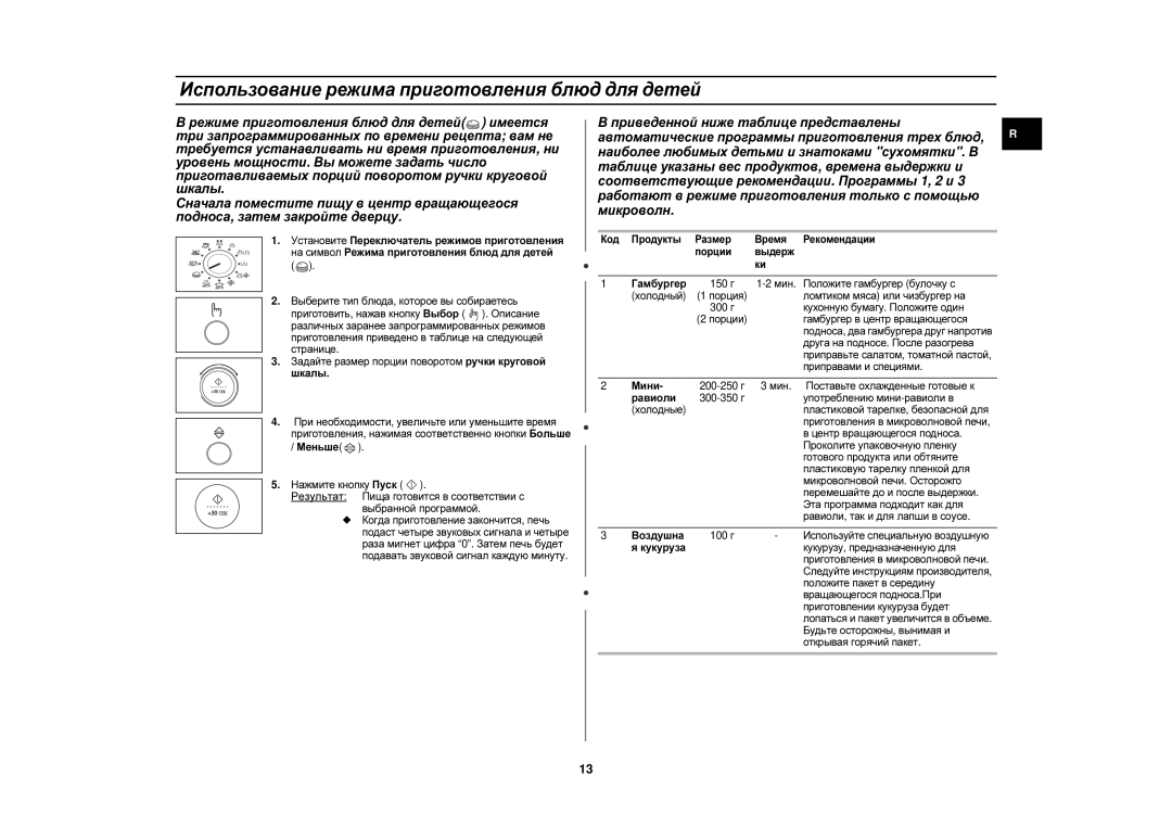 Samsung C105FR-5SL/BWT, C105FR-SL/BWT, C105R-5SL/BWT, C105R-5U/BWT manual Использование режима приготовления блюд для детей 