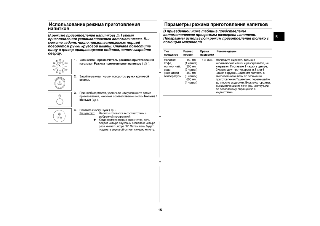 Samsung C105R/BWT, C105FR-SL/BWT manual Использование режима приготовления напитков, Параметры режима приготовления напитков 