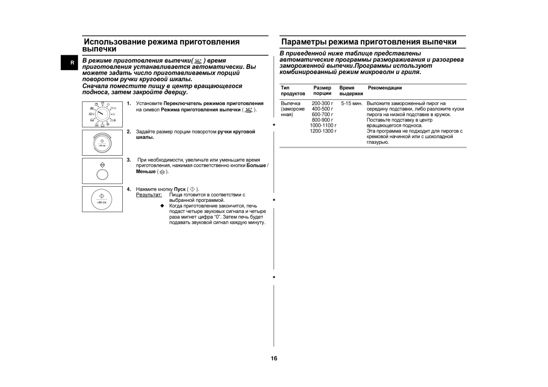 Samsung C105FR/BWT, C105FR-SL/BWT manual Использование режима приготовления выпечки, Параметры режима приготовления выпечки 