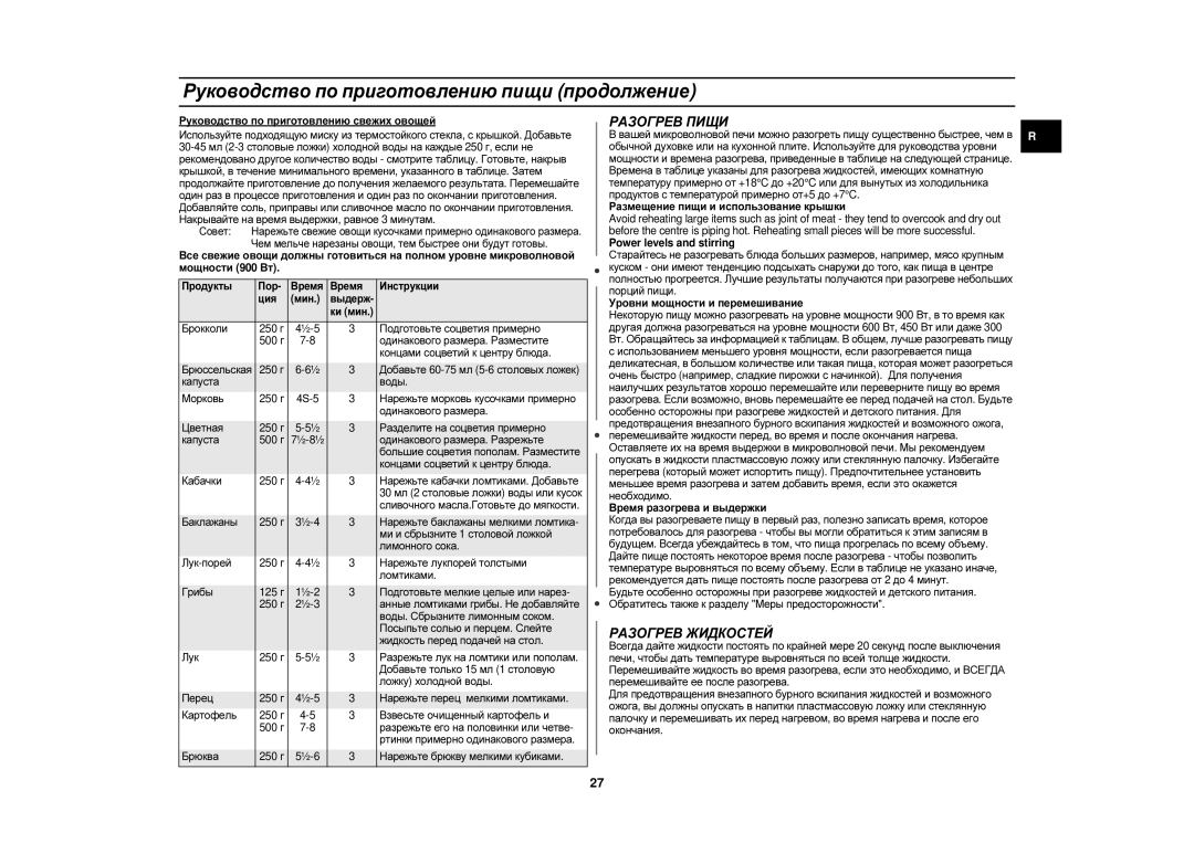 Samsung C105FR-SL/BWT, C105R-5SL/BWT manual Руководство по приготовлению пищи продолжение, Разогрев Пищи, Разогрев Жидкостей 