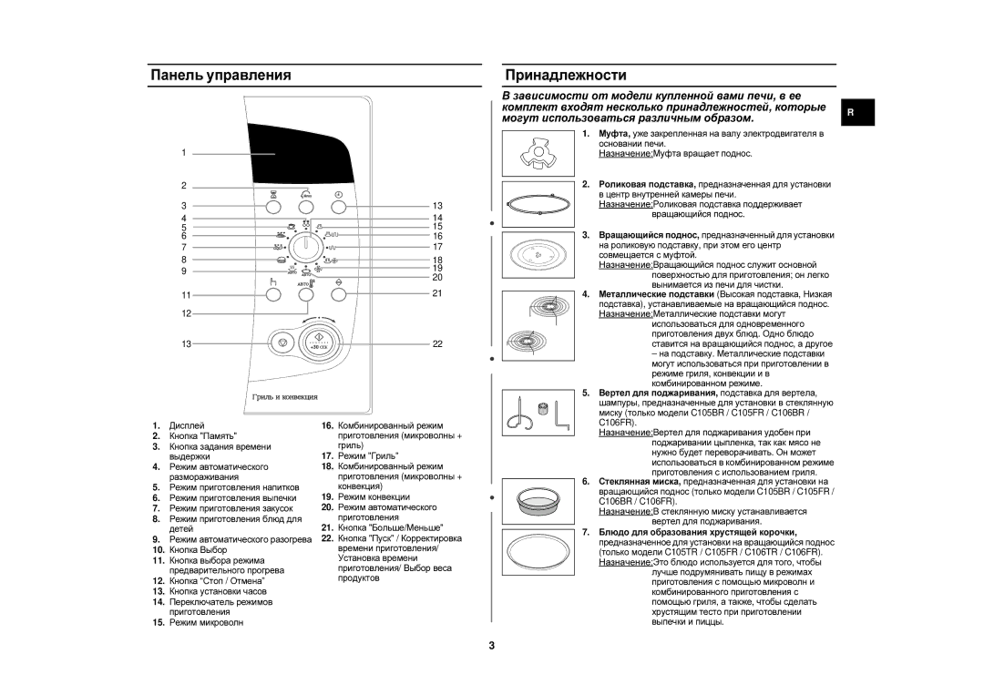 Samsung C105R-SL/BWT, C105FR-SL/BWT, C105R-5SL/BWT, C105R-5U/BWT manual Панель управления Принадлежности, C106BR / C106FR 