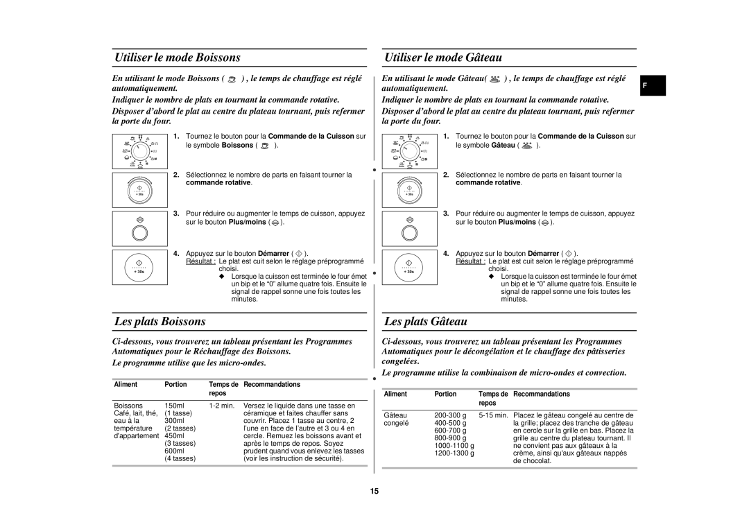 Samsung C105-5/XEF, C105/XEF manual Utiliser le mode Boissons Utiliser le mode Gâteau, Les plats Boissons, Les plats Gâteau 