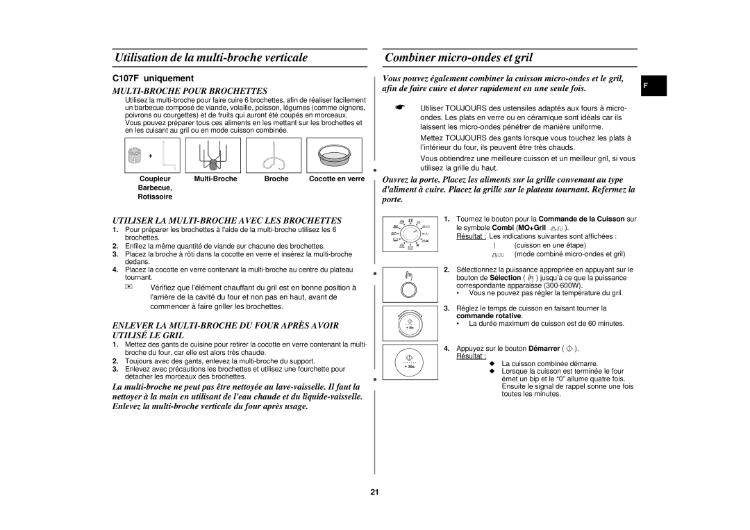 Samsung C105-5/XEF Utilisation de la multi-broche verticale, Combiner micro-ondes et gril, MULTI-BROCHE Pour Brochettes 