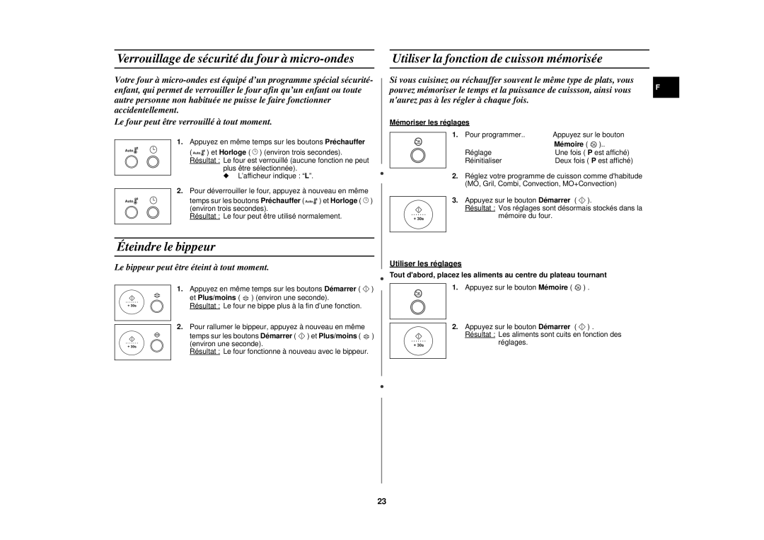 Samsung C105-5/XEF Verrouillage de sécurité du four à micro-ondes, Éteindre le bippeur, Mémoriser les réglages, Mémoire 