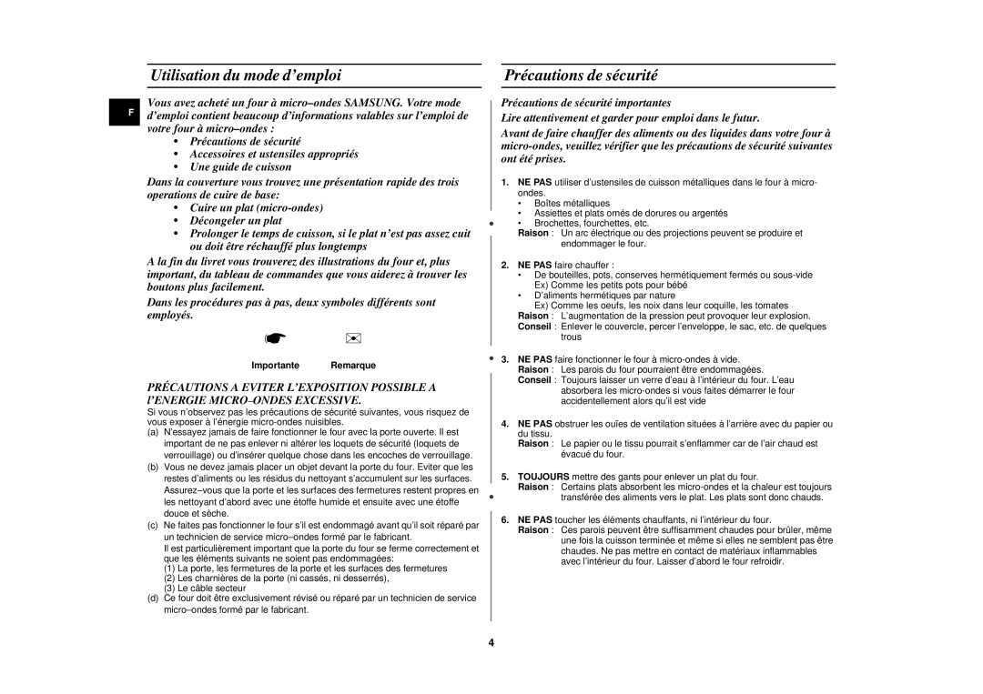 Samsung C105/XEF, C105-5/XEF manual Utilisation du mode d’emploi, Précautions de sécurité, Importante Remarque 