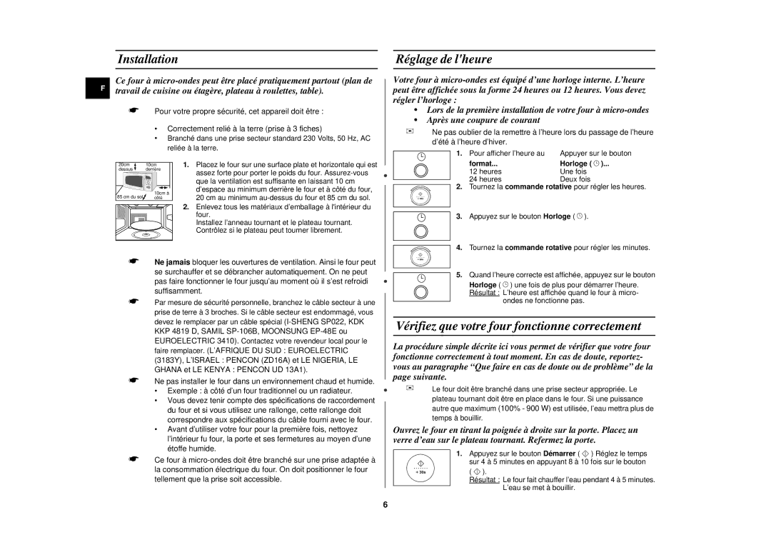 Samsung C105/XEF manual Installation, Réglage de lheure, Vérifiez que votre four fonctionne correctement, Format Horloge 