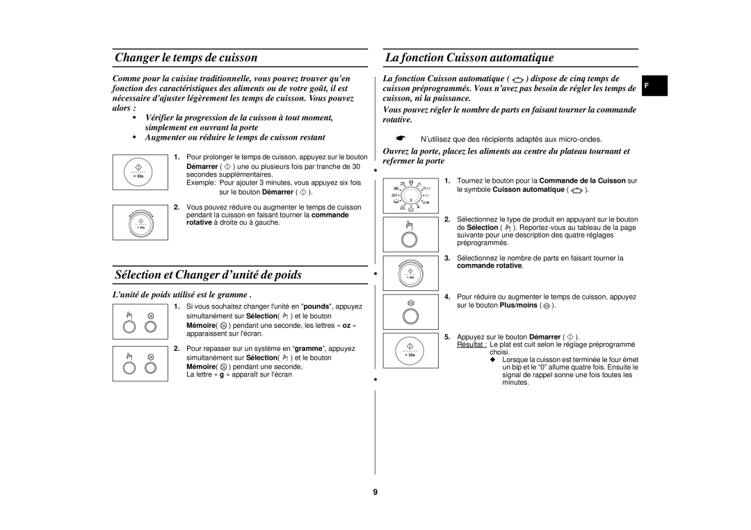 Samsung C105-5/XEF Changer le temps de cuisson, Sélection et Changer d’unité de poids, La fonction Cuisson automatique 