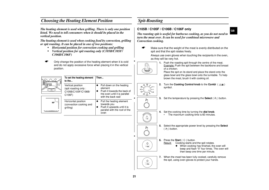 Samsung C105T/LIB, C105/XEF, C105-SL/ELE, C105/ELE manual Choosing the Heating Element Position, Spit-Roasting 