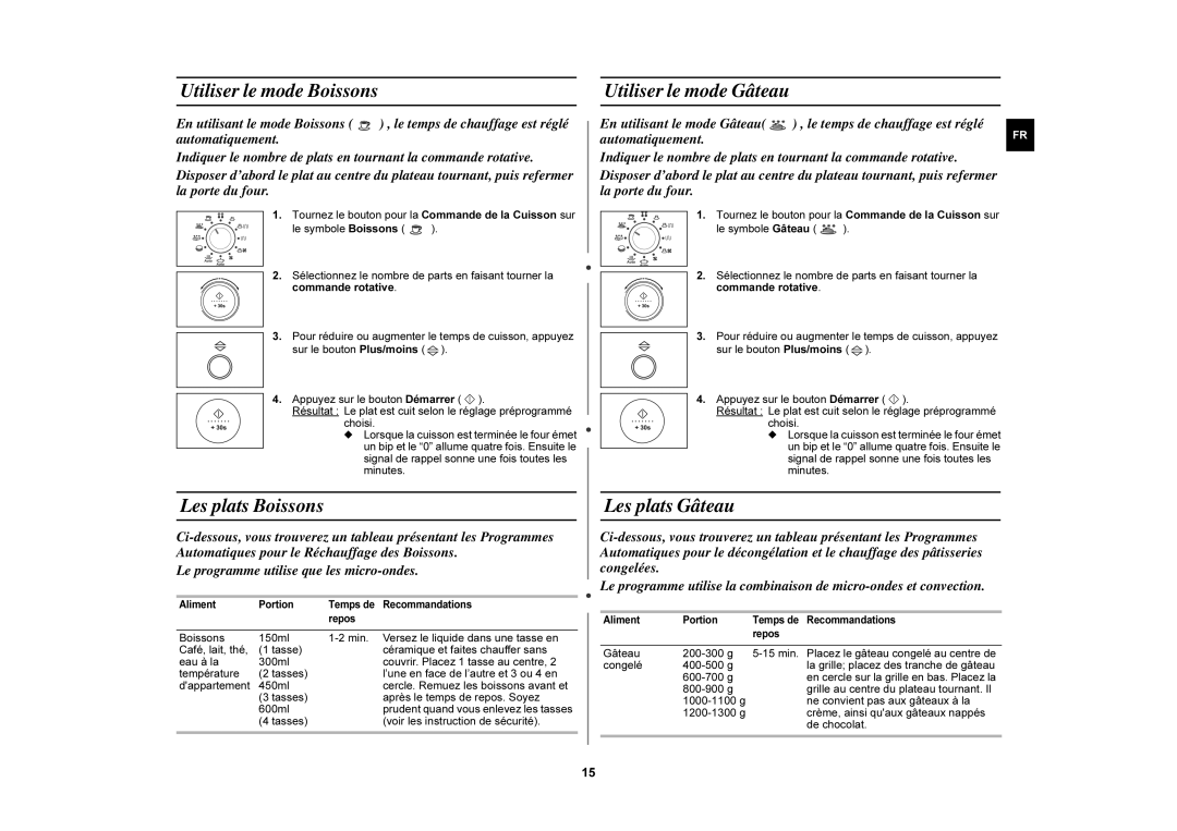 Samsung C105-5/XEF, C105/XEF manual Utiliser le mode Boissons, Les plats Boissons, Utiliser le mode Gâteau, Les plats Gâteau 