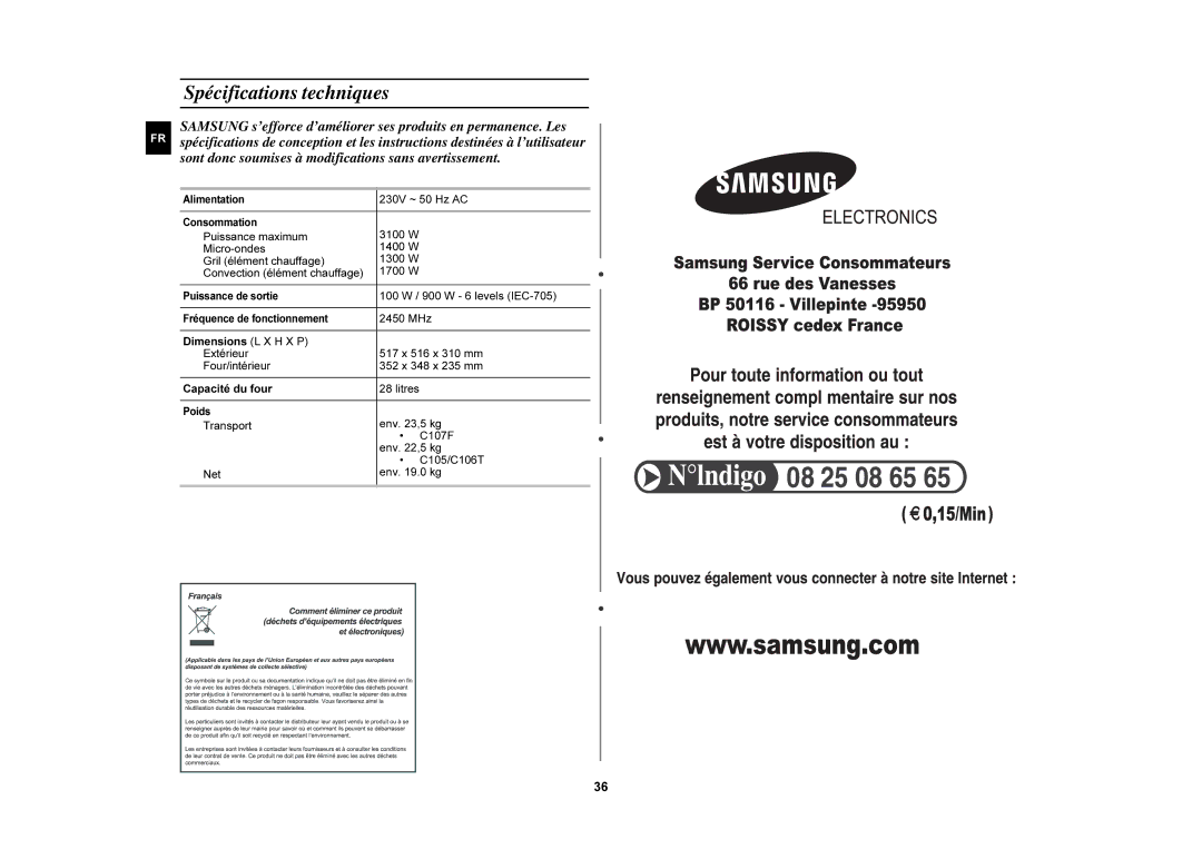 Samsung C105/XEF, C107F-5/XEF, C107F/XEF, C105-5/XEF manual Spécifications techniques 