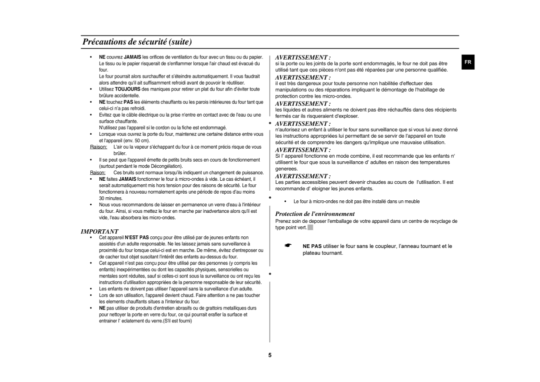 Samsung C107F-5/XEF, C105/XEF, C107F/XEF, C105-5/XEF manual Précautions de sécurité suite, Avertissement 