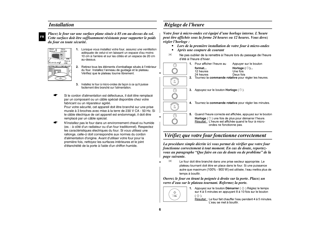 Samsung C107F/XEF, C105/XEF, C107F-5/XEF Installation, Réglage de lheure, Vérifiez que votre four fonctionne correctement 