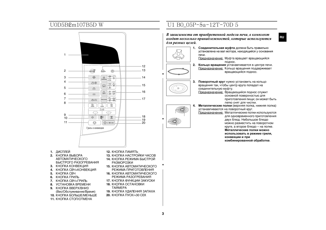 Samsung C106R/BWT, C106R-5/BWT, C106R-5U/BWT manual Панель управления, Прилагаемое оборудование, Вес /Обслуживание /Время 