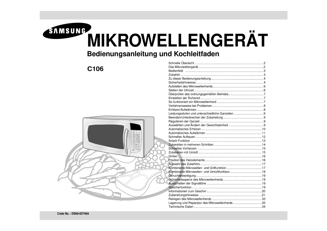 Samsung C106-5/XEG, C106/XEG manual Mikrowellengerät, Code No. DE68-02746A 