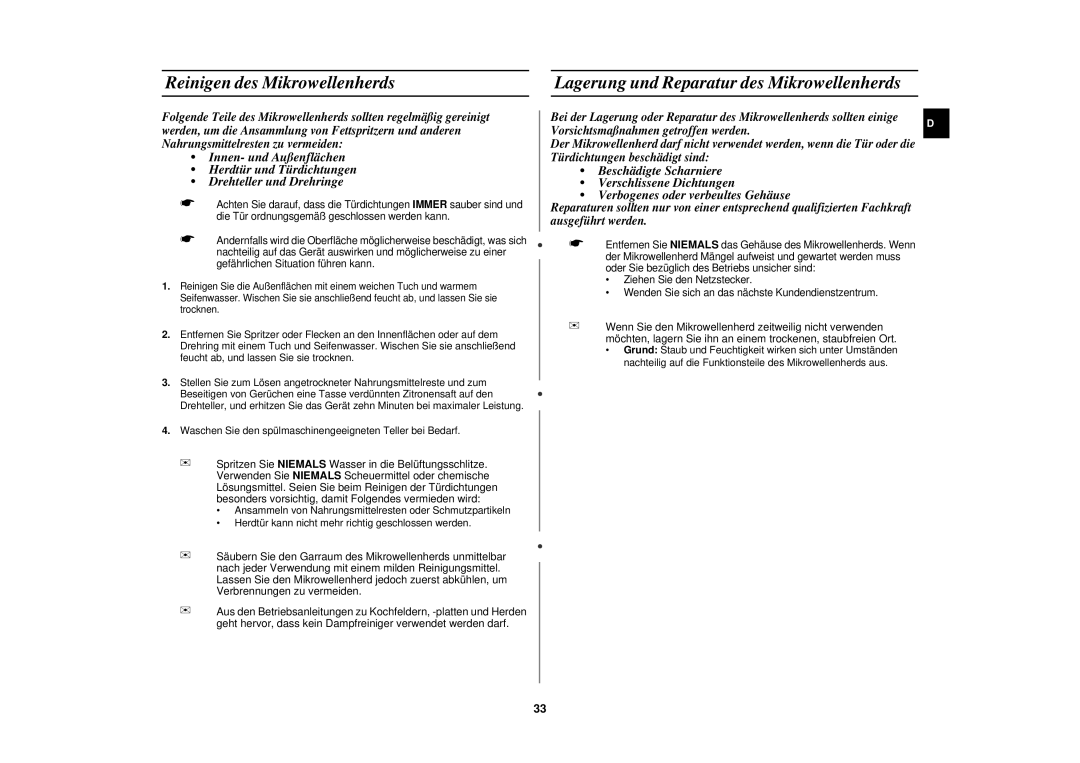 Samsung C106-5/XEG, C106/XEG manual Reinigen des Mikrowellenherds, Lagerung und Reparatur des Mikrowellenherds 