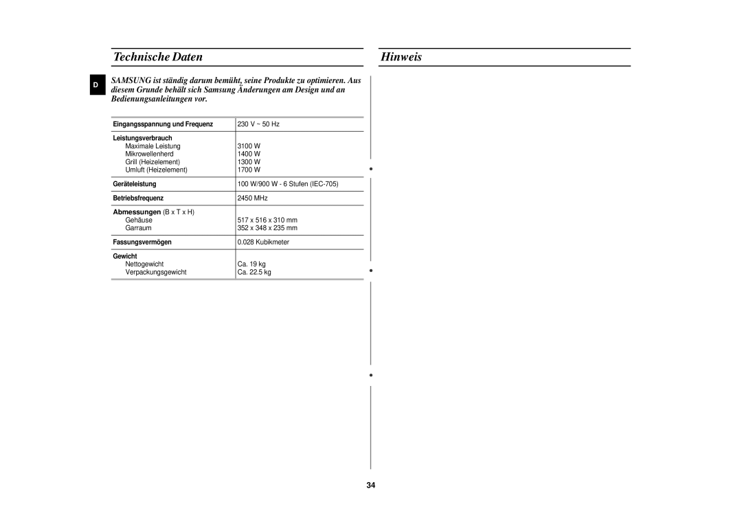 Samsung C106/XEG, C106-5/XEG manual Technische Daten Hinweis, Abmessungen B x T x H 