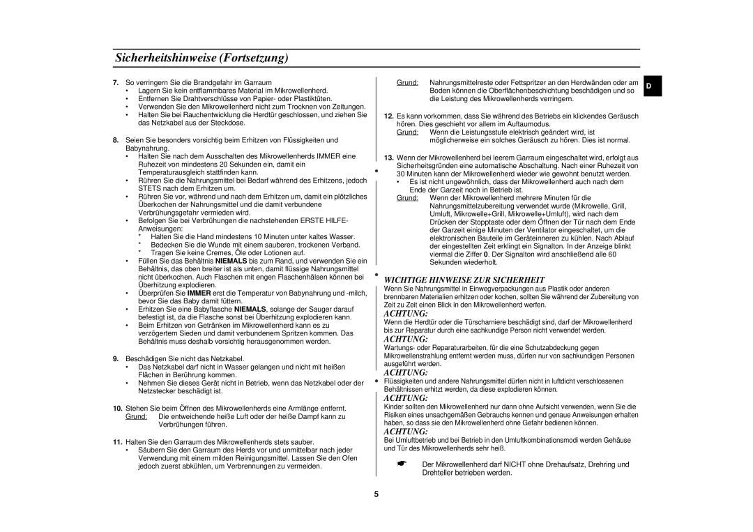 Samsung C106-5/XEG, C106/XEG manual Sicherheitshinweise Fortsetzung, Wichtige Hinweise ZUR Sicherheit, Achtung 