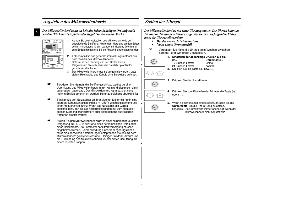 Samsung C106/XEG, C106-5/XEG manual Aufstellen des Mikrowellenherds Stellen der Uhrzeit 