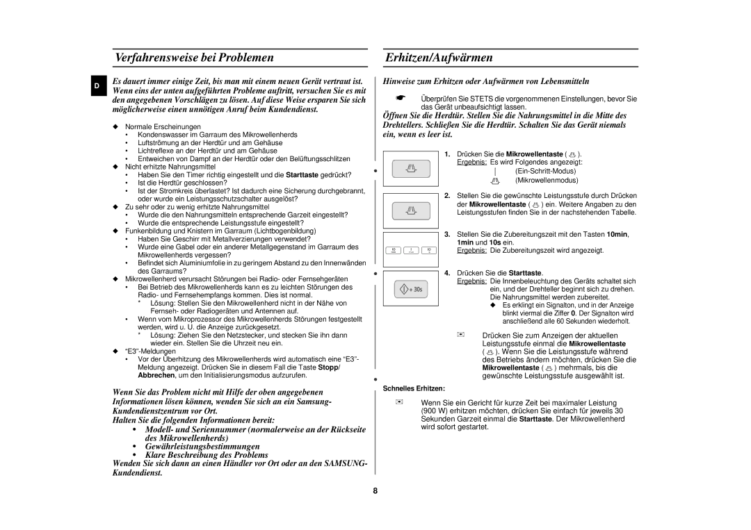 Samsung C106/XEG, C106-5/XEG manual Verfahrensweise bei Problemen Erhitzen/Aufwärmen, Schnelles Erhitzen 