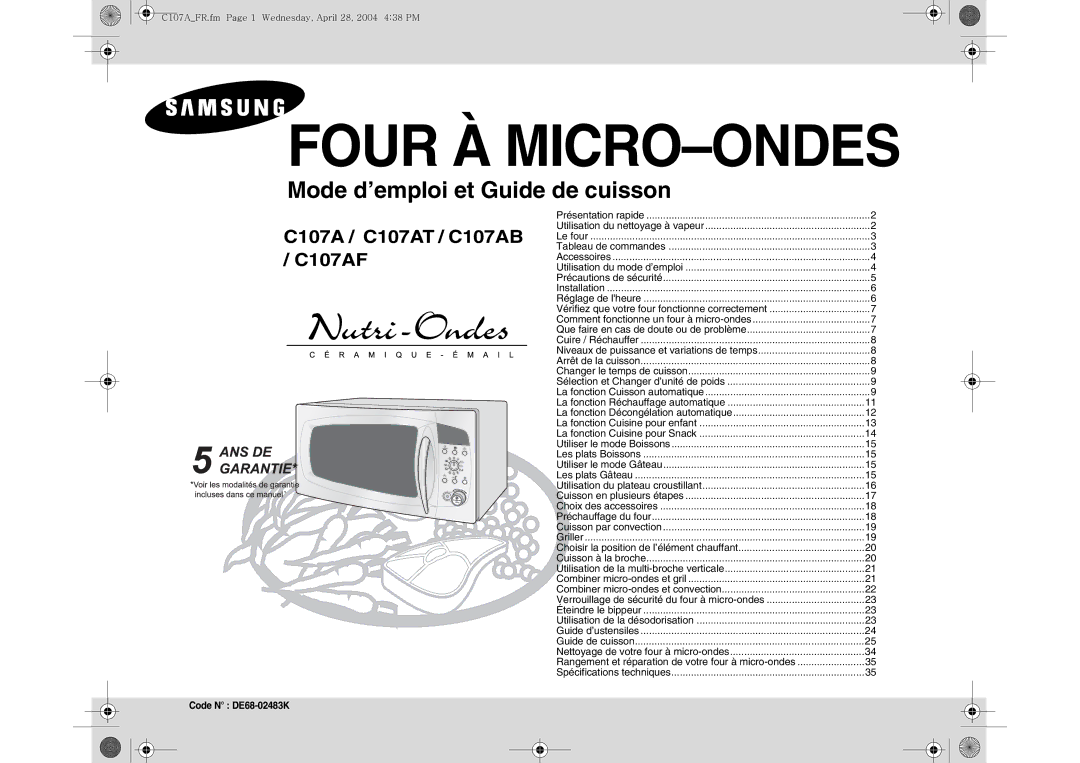 Samsung C107AT-5/XEF manual Four À MICRO-ONDES, Code N DE68-02483K 