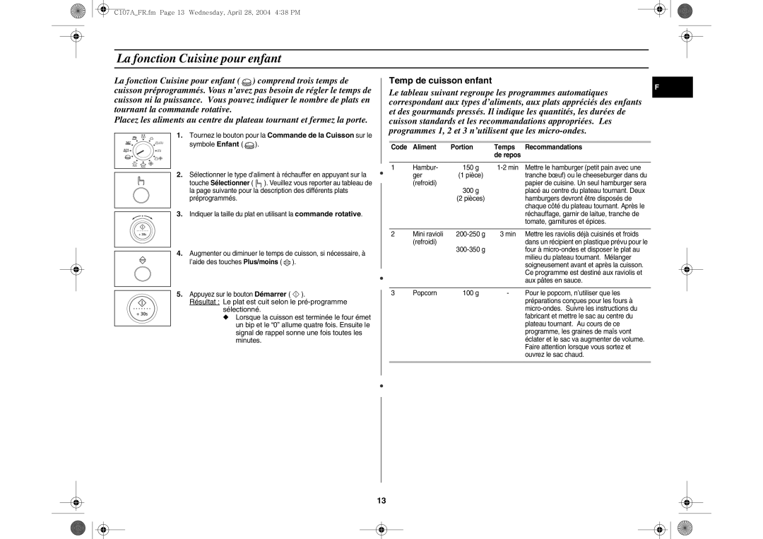 Samsung C107AT-5/XEF manual La fonction Cuisine pour enfant 