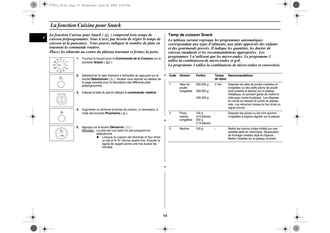 Samsung C107AT-5/XEF manual La fonction Cuisine pour Snack, Code Aliment Portion Temps Recommandations De repos, Poulet 