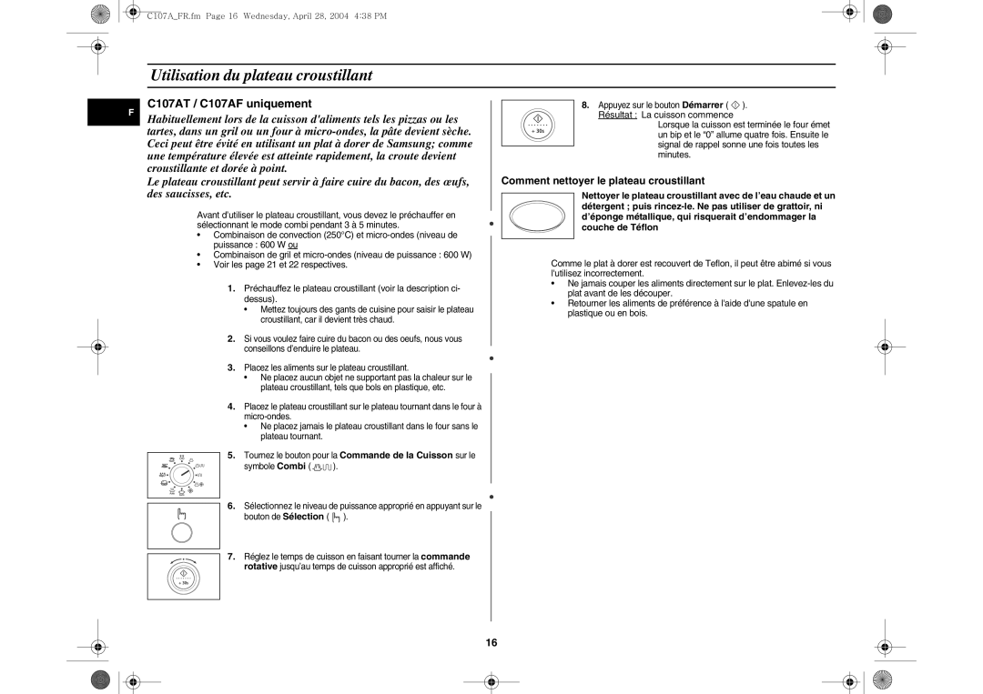 Samsung C107AT-5/XEF manual Utilisation du plateau croustillant, C107AT / C107AF uniquement 